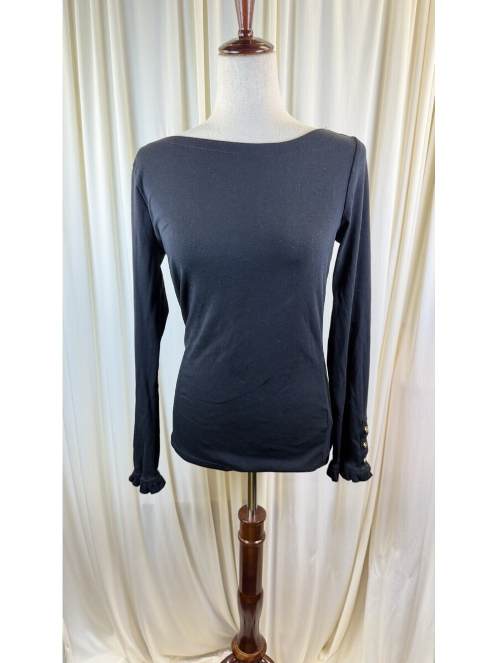 Lauren Ralph Lauren Boatneck Long Sleeve Knit Top with Button Ruffle Cuffs Sz M